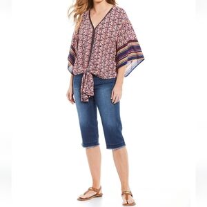 NWT Democracy Multicolored Tie Front Top M 3/4 Kimono Sleeve Geometric